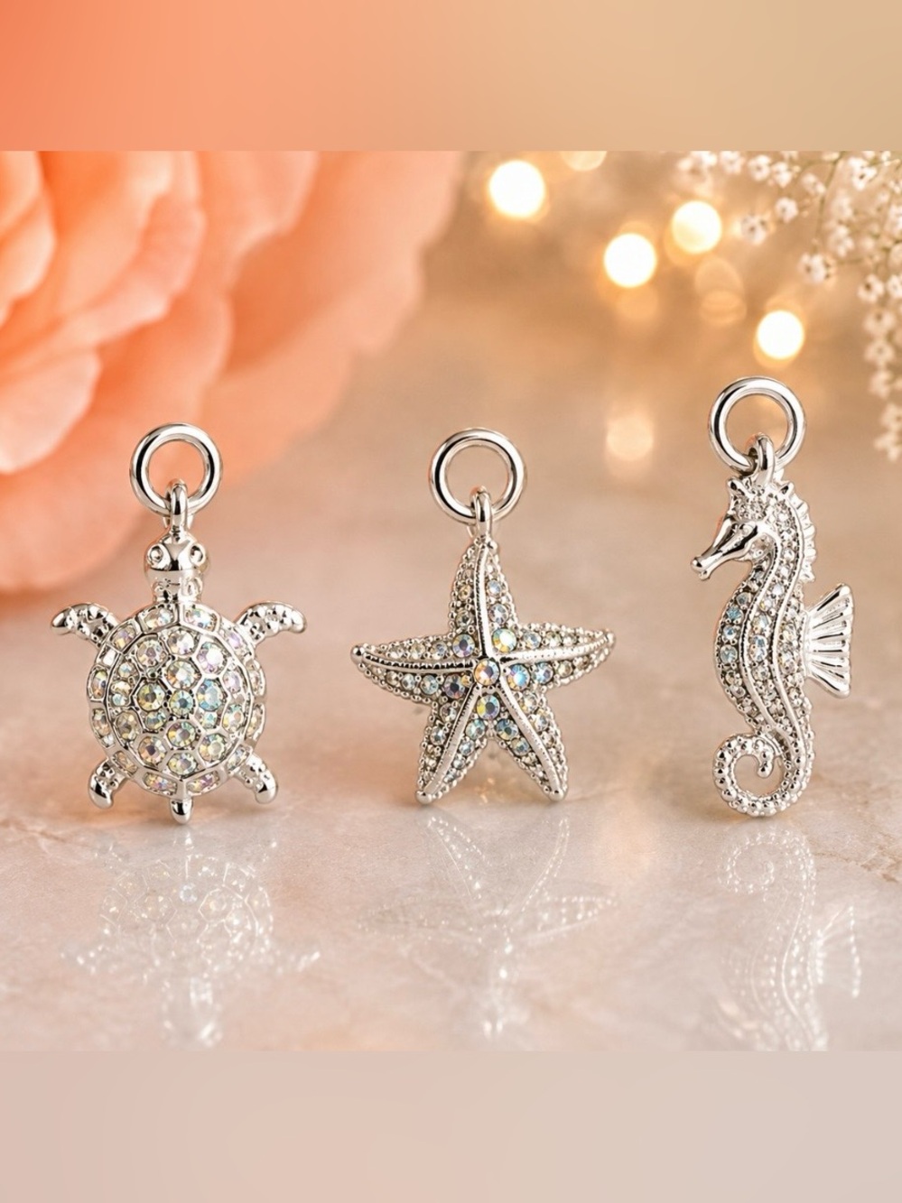 Sea Life Silver-Tone Brooch Charms Set - Turtle, Starfish & Seahorse